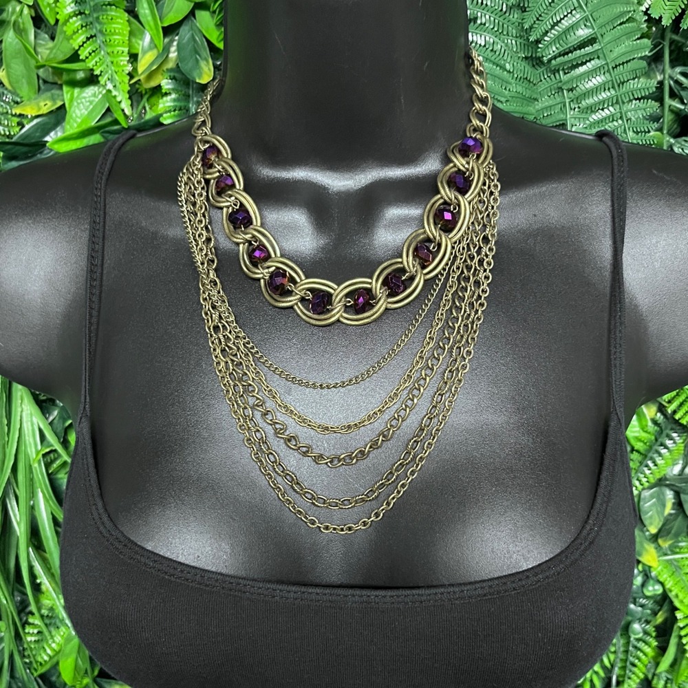 Statement Bib Necklace Antique Brass Purple‎ Crystal Multi Strand Gothic 3817